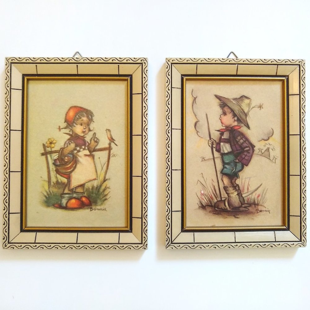 Pair of Vintage Hummel Style Framed Art Prints by Bonnie Germany
